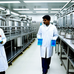 **Prompt:** A modern food processing plant in India with scientists in lab coats inspecting dairy production enhanced by biotechnology. Focus on the use of advanced equipment and the integration of traditional practices with modern science, highlighting food safety and innovation.