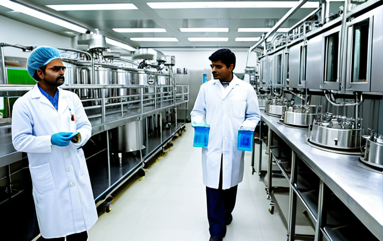 **Prompt:** A modern food processing plant in India with scientists in lab coats inspecting dairy production enhanced by biotechnology. Focus on the use of advanced equipment and the integration of traditional practices with modern science, highlighting food safety and innovation.