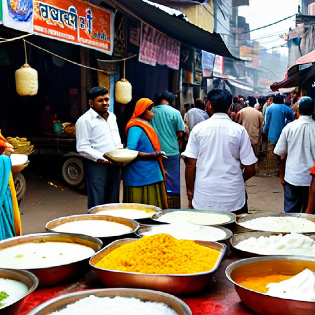 식품 가공에서의 마이크로바이옴 활용 - A vibrant Indian marketplace filled with vendors selling traditional fermented foods like yogurt (da...