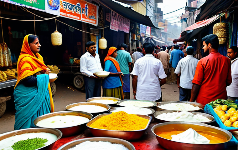 식품 가공에서의 마이크로바이옴 활용 - A vibrant Indian marketplace filled with vendors selling traditional fermented foods like yogurt (da...