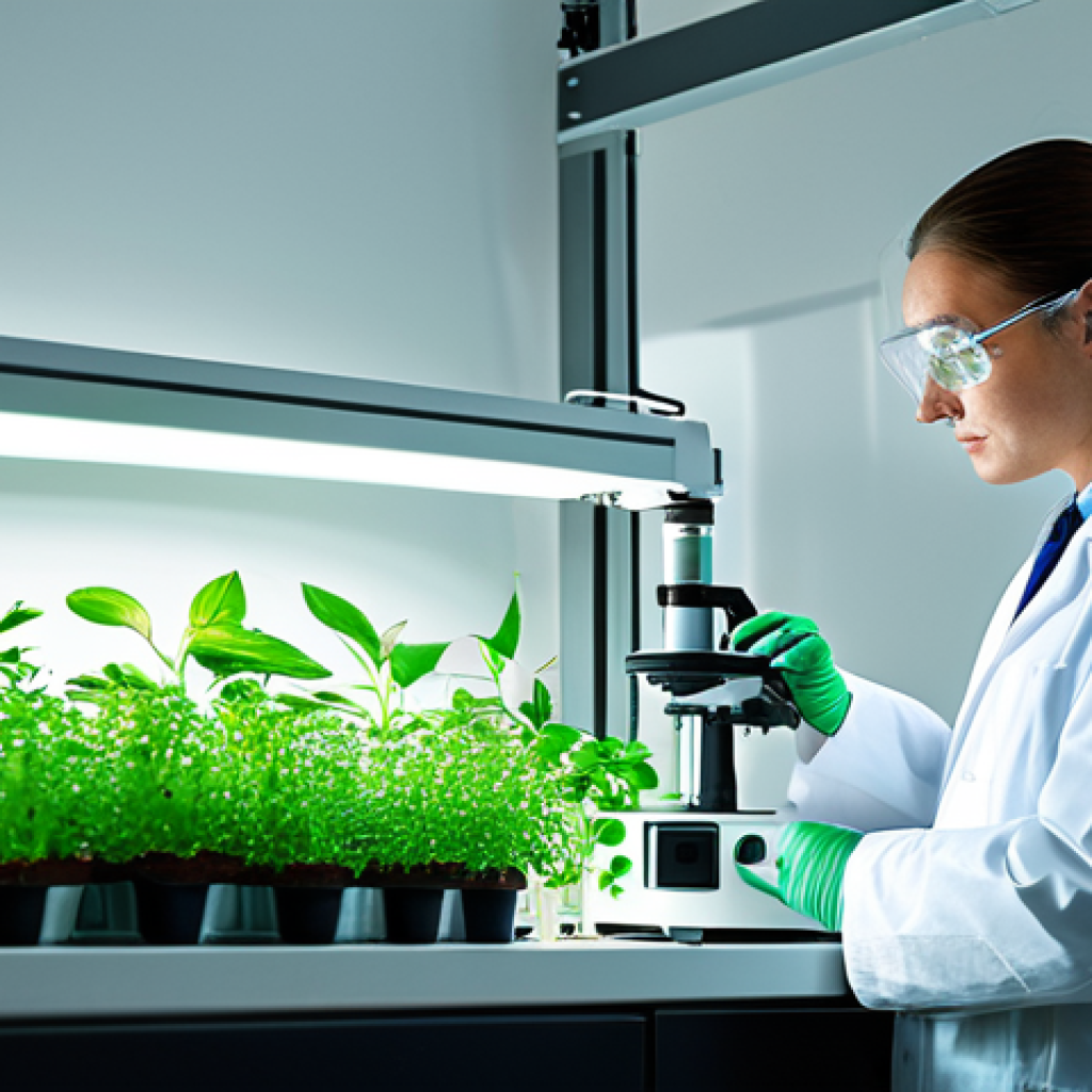 식품에서의 비타민 합성 연구 - "A scientist in a lab coat examining vibrant green plants under a grow light, beakers and lab equipm...