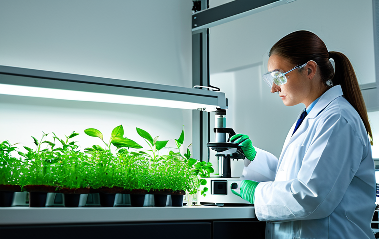 식품에서의 비타민 합성 연구 - "A scientist in a lab coat examining vibrant green plants under a grow light, beakers and lab equipm...