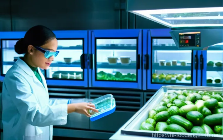 식품공학 실험 방법 - **Prompt:** A brightly lit, sterile, and futuristic food engineering laboratory, bustling with focus...