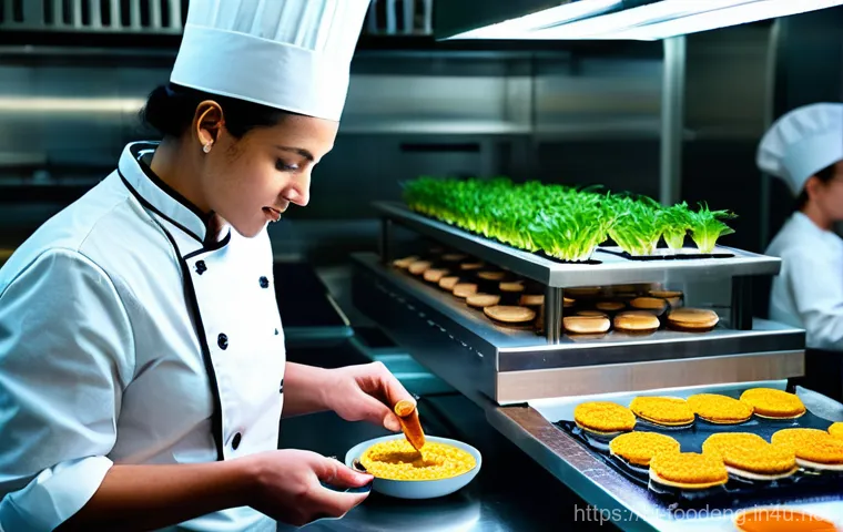 식품공학 실험 방법 - **Prompt:** A brightly lit, sterile, and futuristic food engineering laboratory, bustling with focus...