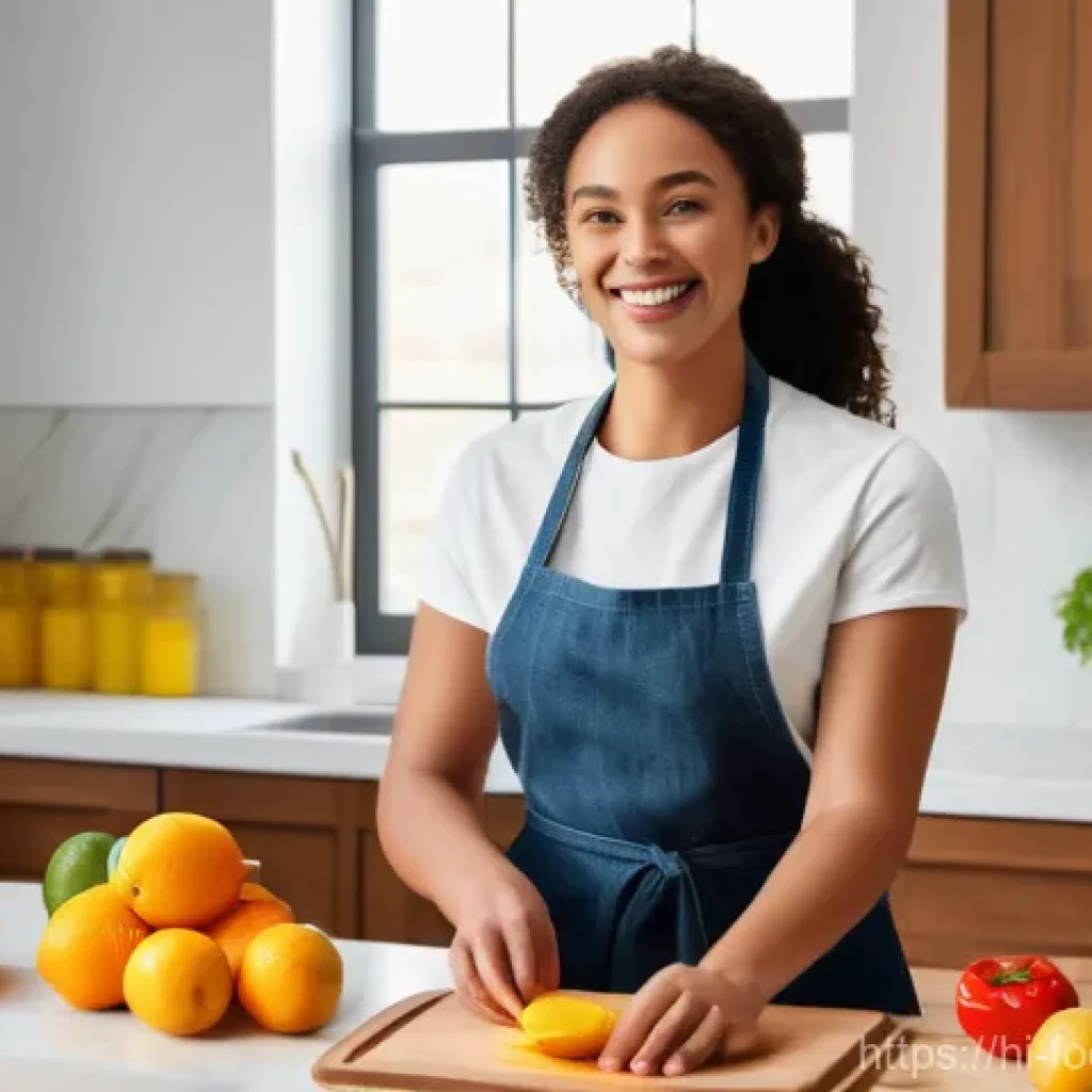 식품 가공 중 지방 산화 방지 - A brightly lit, modern kitchen scene where a young adult (wearing a modest apron over casual clothes...