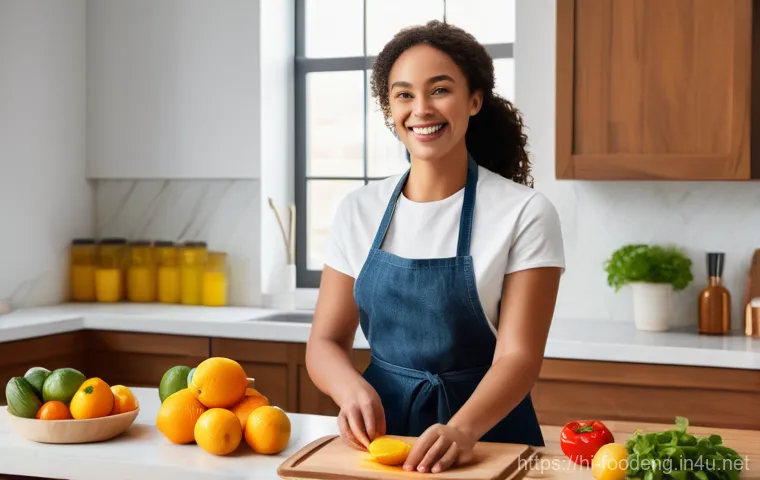 식품 가공 중 지방 산화 방지 - A brightly lit, modern kitchen scene where a young adult (wearing a modest apron over casual clothes...