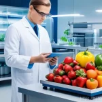 초음파를 이용한 식품 가공 - A bright, hyper-realistic image of a clean, futuristic food science laboratory. In the foreground, a...