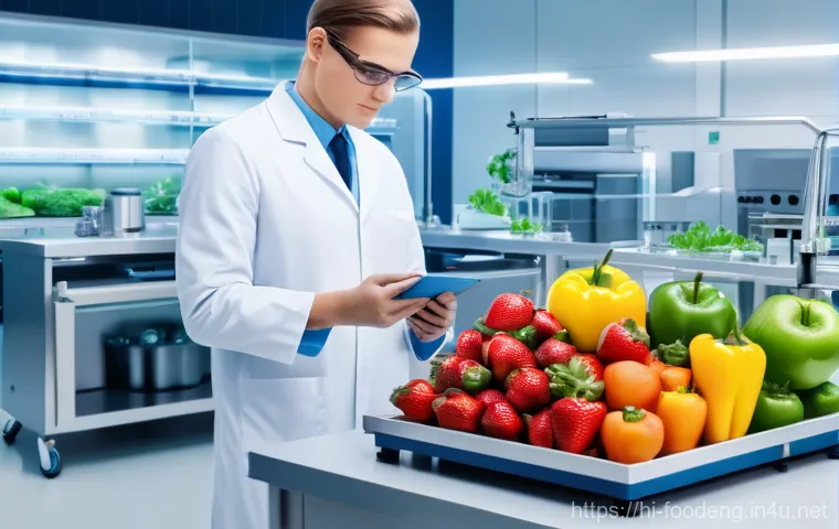 초음파를 이용한 식품 가공 - A bright, hyper-realistic image of a clean, futuristic food science laboratory. In the foreground, a...