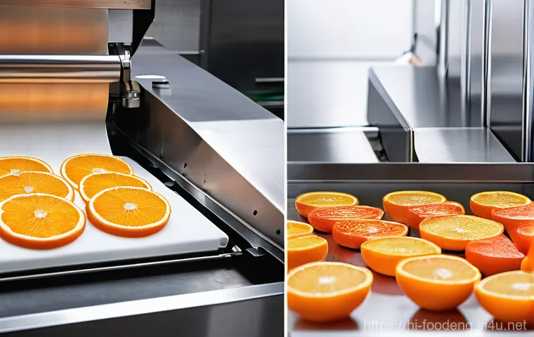 초음파를 이용한 식품 가공 - A bright, hyper-realistic image of a clean, futuristic food science laboratory. In the foreground, a...