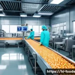 식품 산업의 자동화 공정 최적화 - A high-tech food production factory interior showcasing advanced AI-based quality control systems, f...