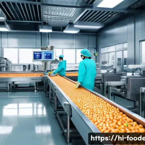 식품 산업의 자동화 공정 최적화 - A high-tech food production factory interior showcasing advanced AI-based quality control systems, f...