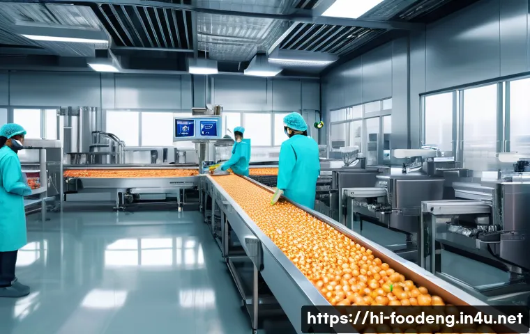 식품 산업의 자동화 공정 최적화 - A high-tech food production factory interior showcasing advanced AI-based quality control systems, f...