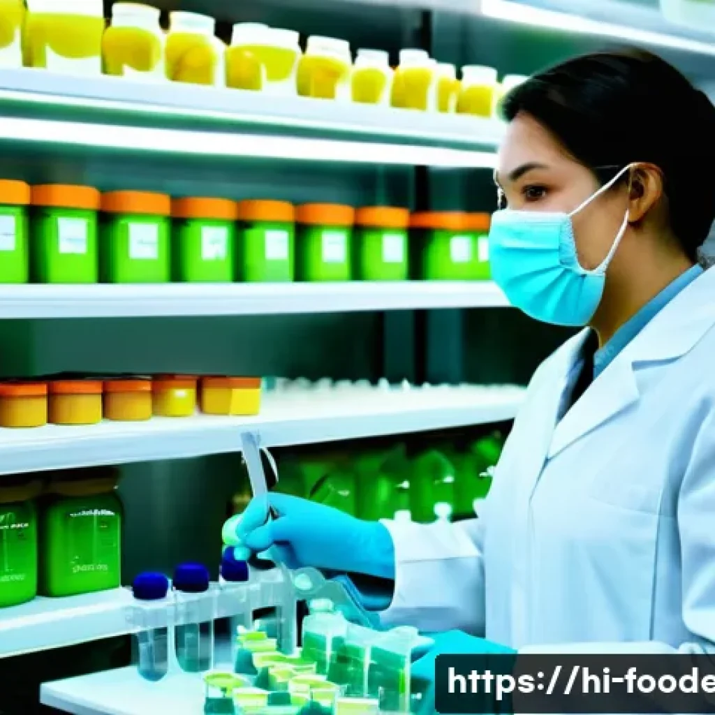 식품공학 실험에서의 신소재 활용 - A vibrant laboratory scene focused on innovative biomaterials used in food preservation, showcasing ...