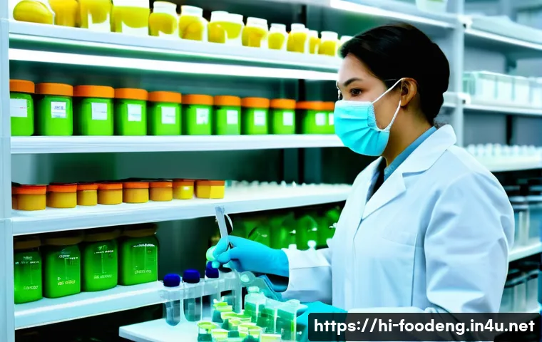 식품공학 실험에서의 신소재 활용 - A vibrant laboratory scene focused on innovative biomaterials used in food preservation, showcasing ...