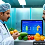 식품공학에서의 센서 응용 - A futuristic food quality testing laboratory scene showcasing an advanced electronic nose and electr...