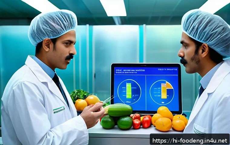 식품공학에서의 센서 응용 - A futuristic food quality testing laboratory scene showcasing an advanced electronic nose and electr...