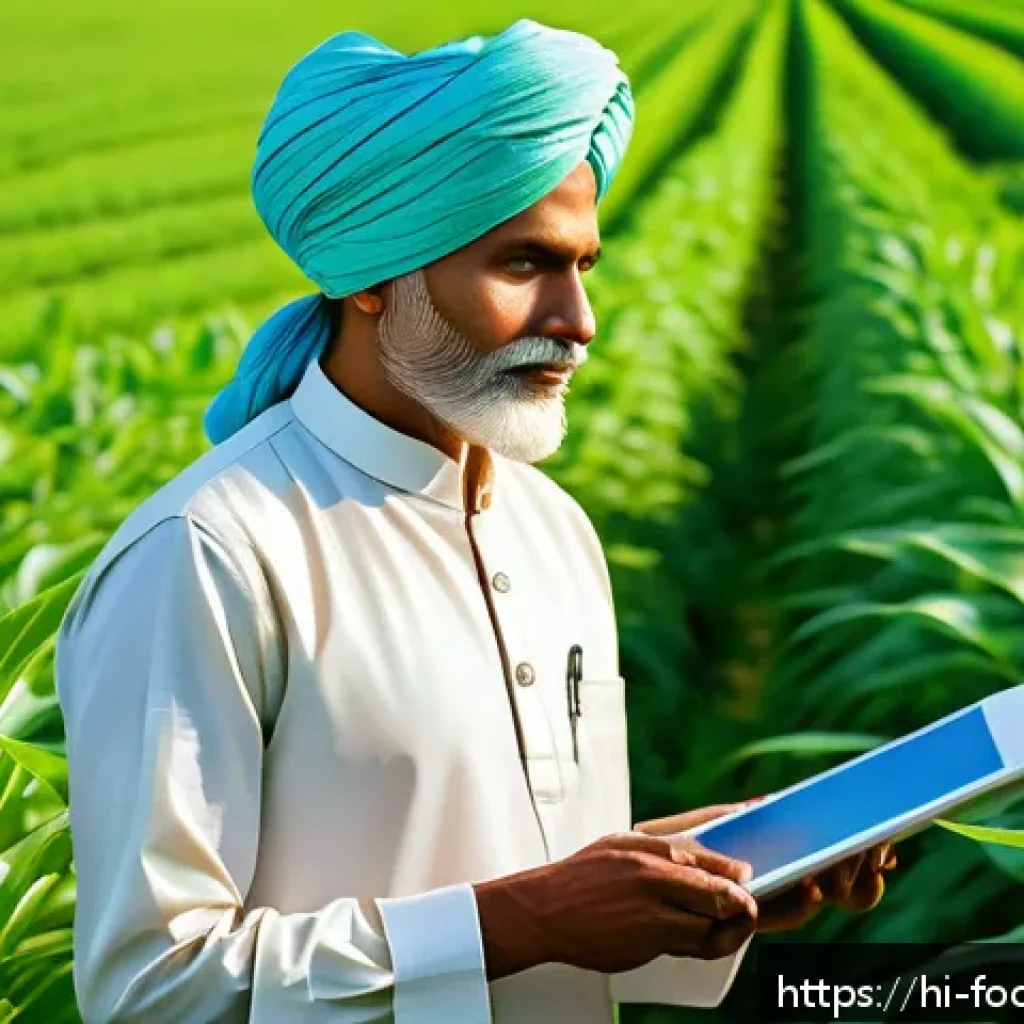 식품에서의 유전자 변형 기술 - A vibrant, detailed depiction of a modern Indian farmer in traditional attire working in a lush gree...
