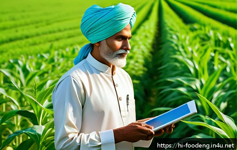 식품에서의 유전자 변형 기술 - A vibrant, detailed depiction of a modern Indian farmer in traditional attire working in a lush gree...