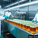 식품 가공에서의 초임계 유체 기술 - A detailed, vibrant illustration of a modern food processing facility using supercritical CO2 fluid ...