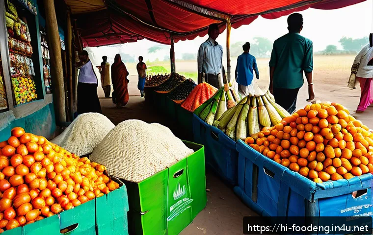 식품 포장재의 친환경 기술 - A vibrant marketplace scene in India showcasing various natural food packaging materials such as cor...