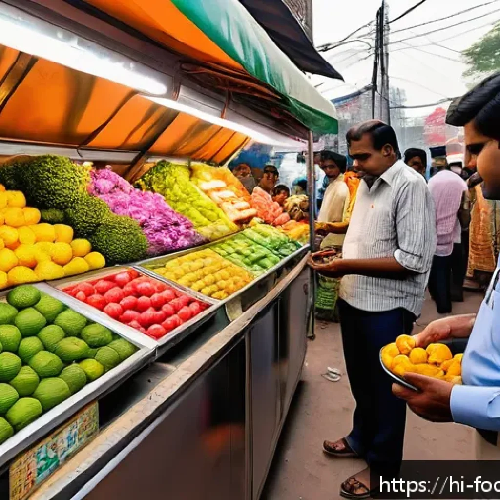 식품 안전을 위한 인공지능 활용 - A futuristic smart sensor device installed in a vibrant Indian local market environment, actively mo...