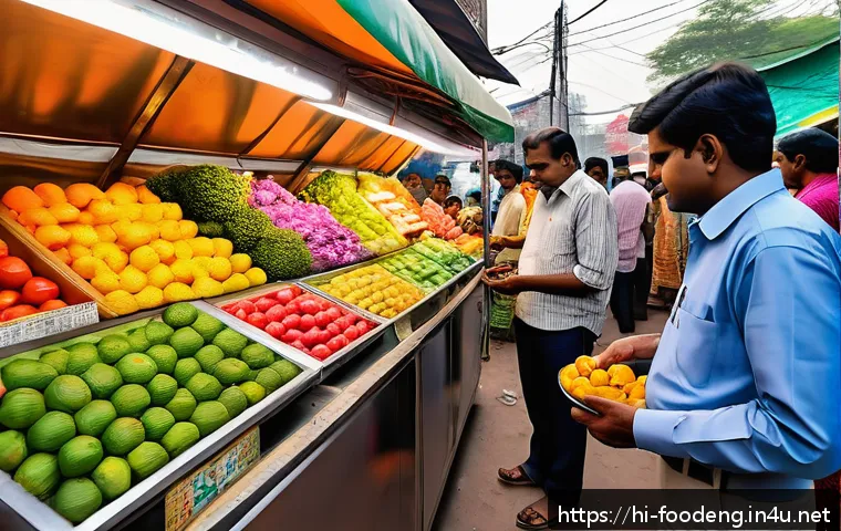 식품 안전을 위한 인공지능 활용 - A futuristic smart sensor device installed in a vibrant Indian local market environment, actively mo...