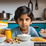 식품 알레르기 유발물질 분석 - A detailed and realistic illustration of a child wearing a diaper, sitting at a kitchen table surrou...