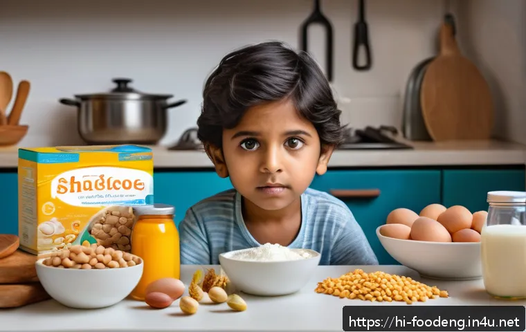 식품 알레르기 유발물질 분석 - A detailed and realistic illustration of a child wearing a diaper, sitting at a kitchen table surrou...